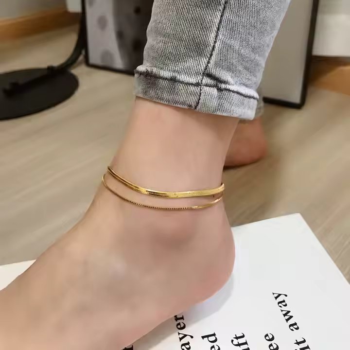Layered Beaded Chain Heart Charm Anklet