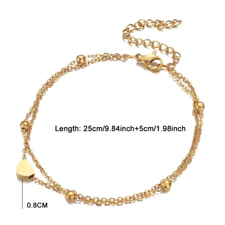 Layered Beaded Chain Heart Charm Anklet