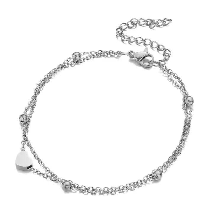Layered Beaded Chain Heart Charm Anklet
