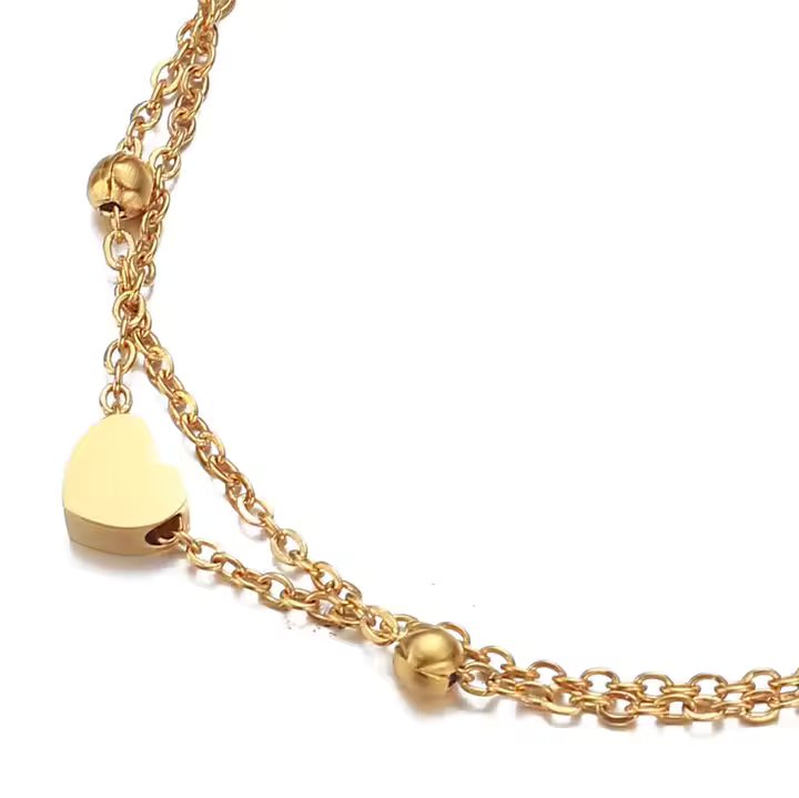 Layered Beaded Chain Heart Charm Anklet